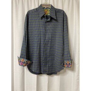 Robert Graham Men's Button Up Flip Cuff Embroidery Green Purple Shirt L